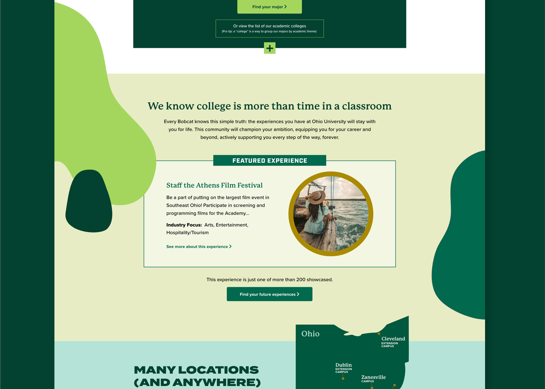 screenshot of the featured experience section of the Ohio University website homepage