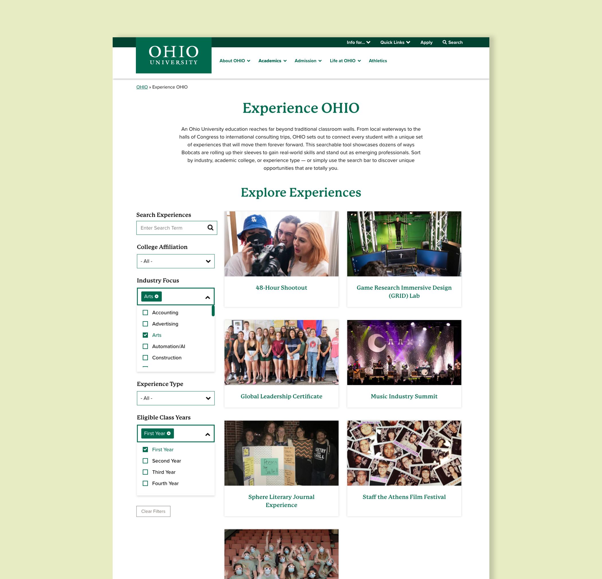 page design showing a full individual experience layout