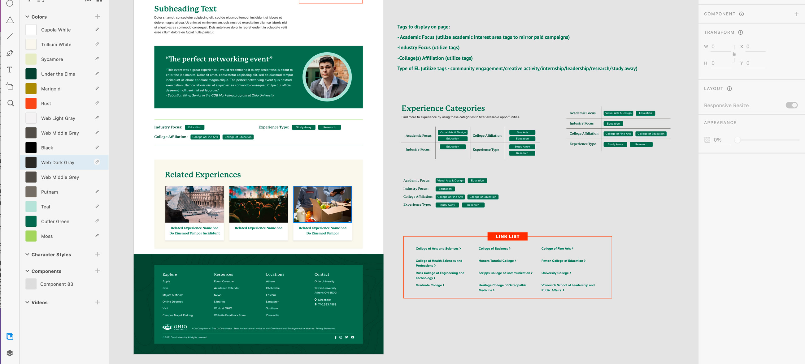 screenshot of Adobe XD design software with a work-in-progress design of the interior Experience page