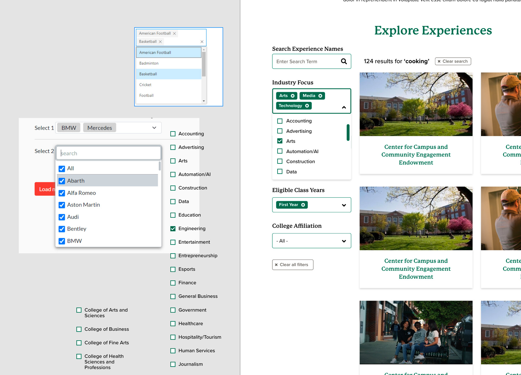 screenshot of the design process to create the filter interface for the Experience OHIO landing page