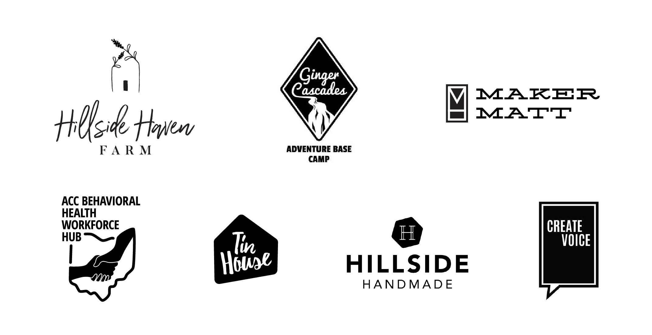 7 different black-and-white logo designs aligned in 2 rows