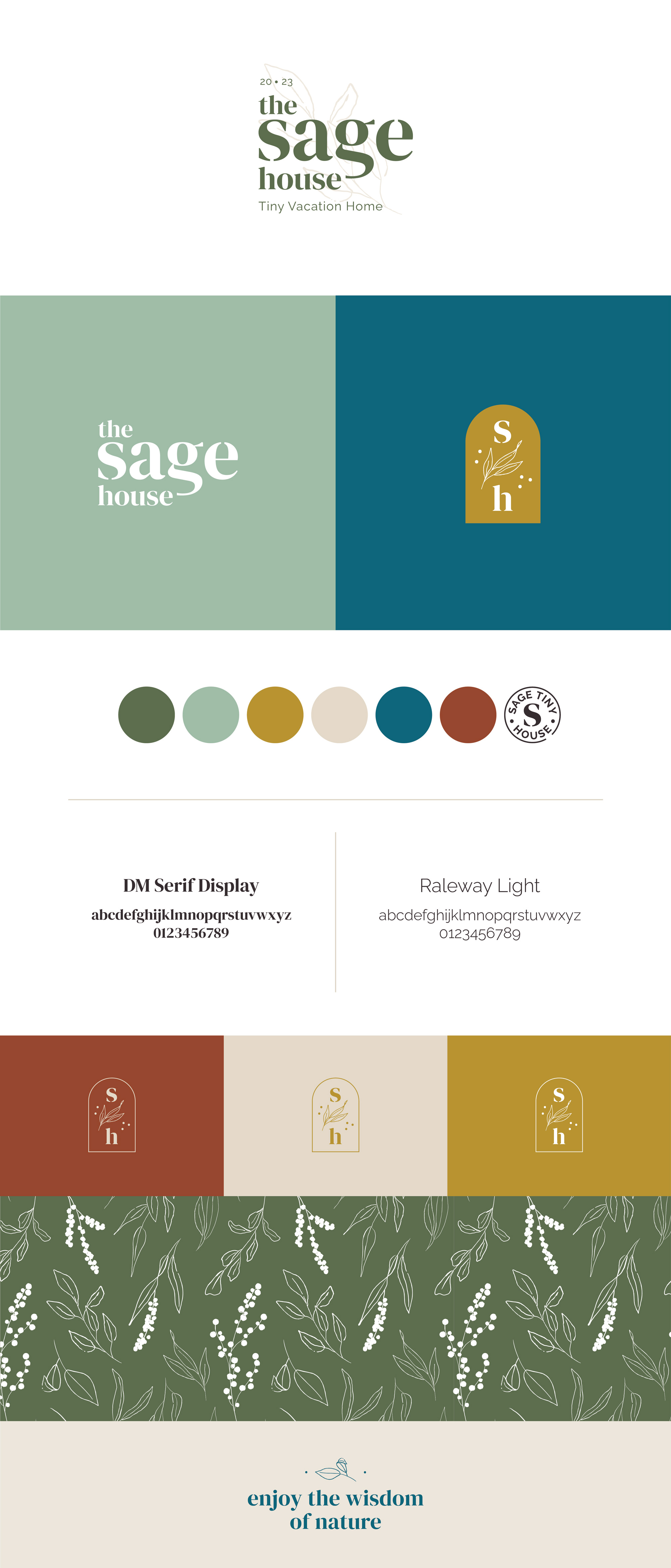 image showing the primary and secondary logos and color palette of the Sage House brand