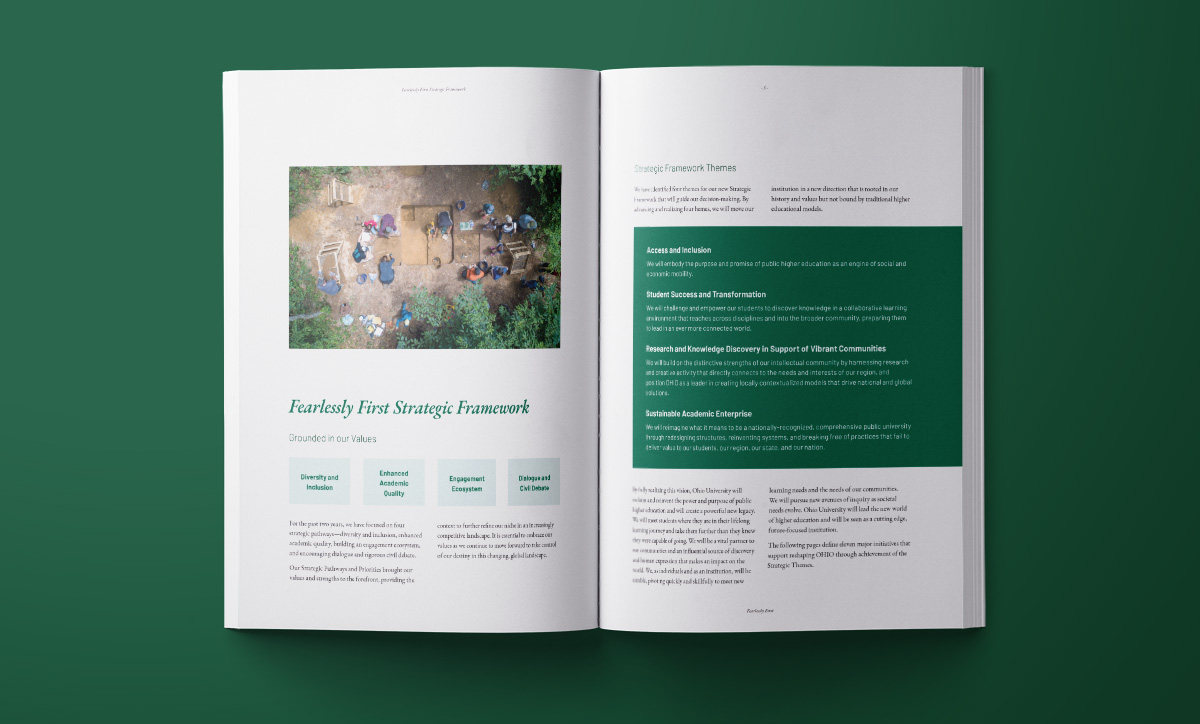 a book is open to two pages with text, green boxes, and photos