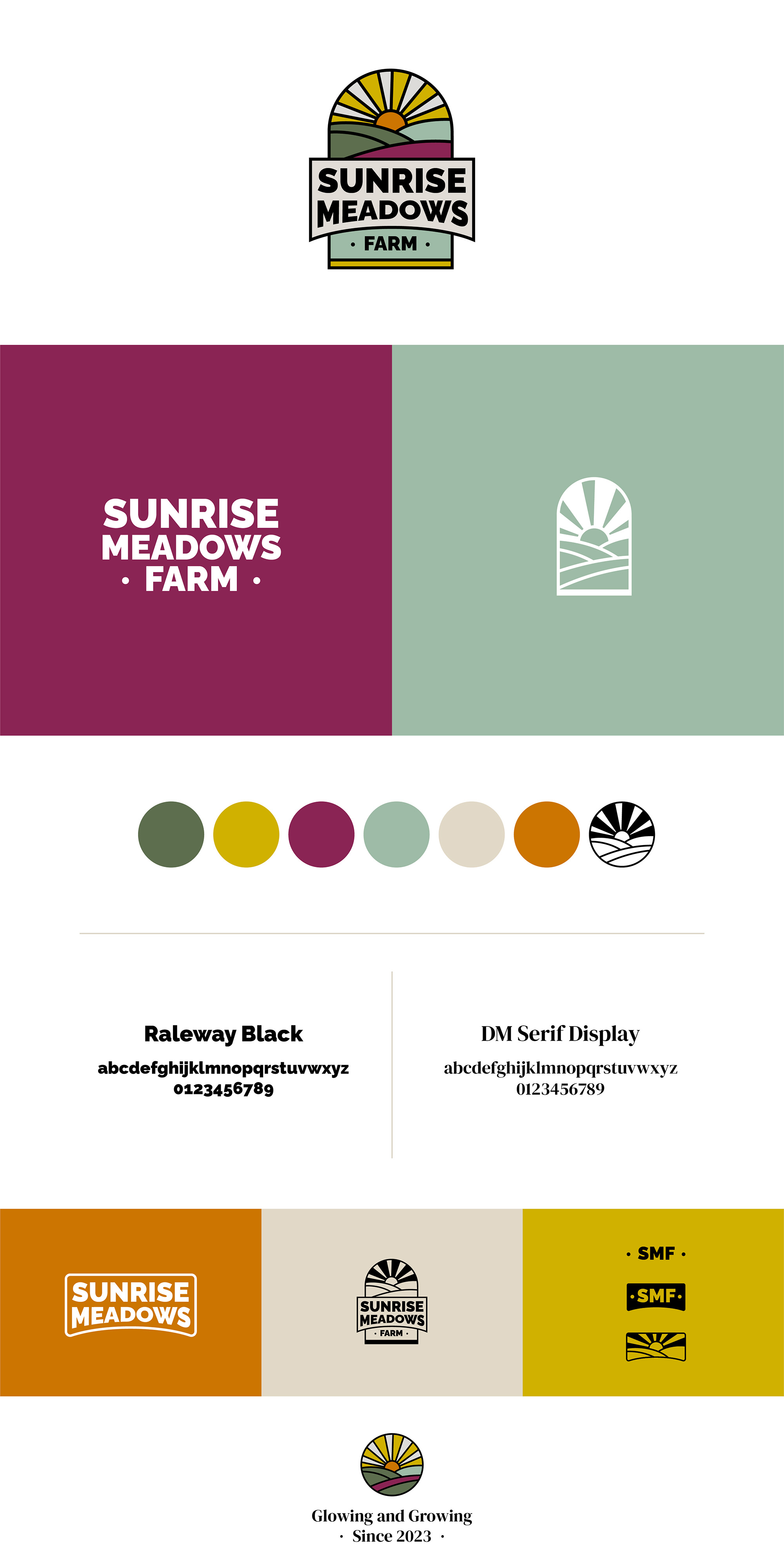 graphic showing the primary and secondary logos, brand fonts, and color palette of the Sunrise Meadows brand