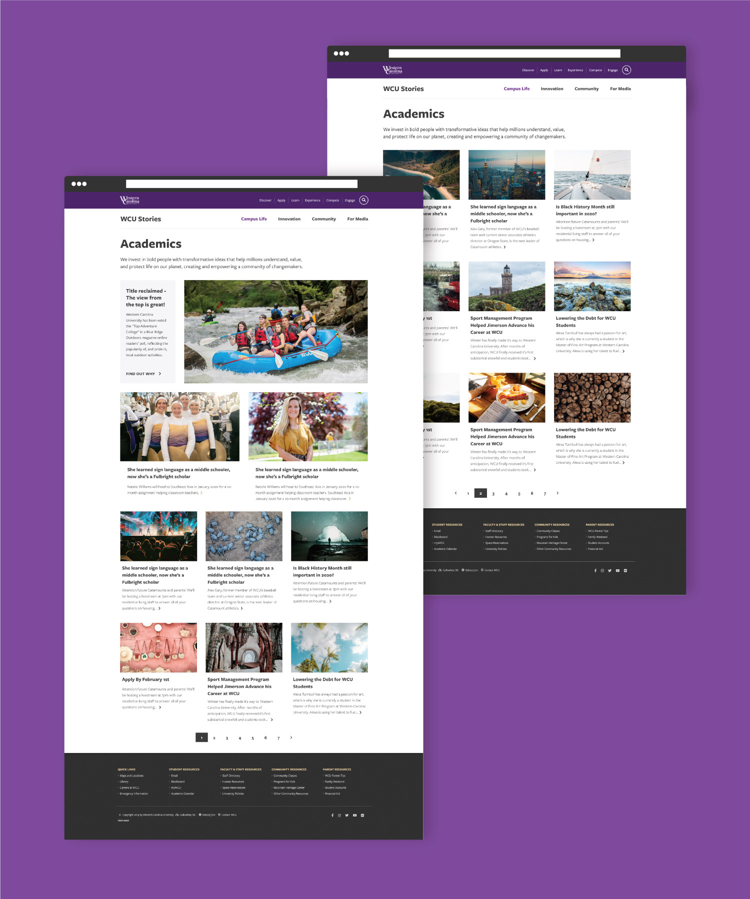 Thumbnails of pages 1 and 2 of the story listing for the 'Academics' category shown over a purple background.